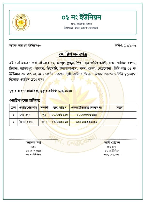 ওয়ারিশ নামার নমুনা কপি
